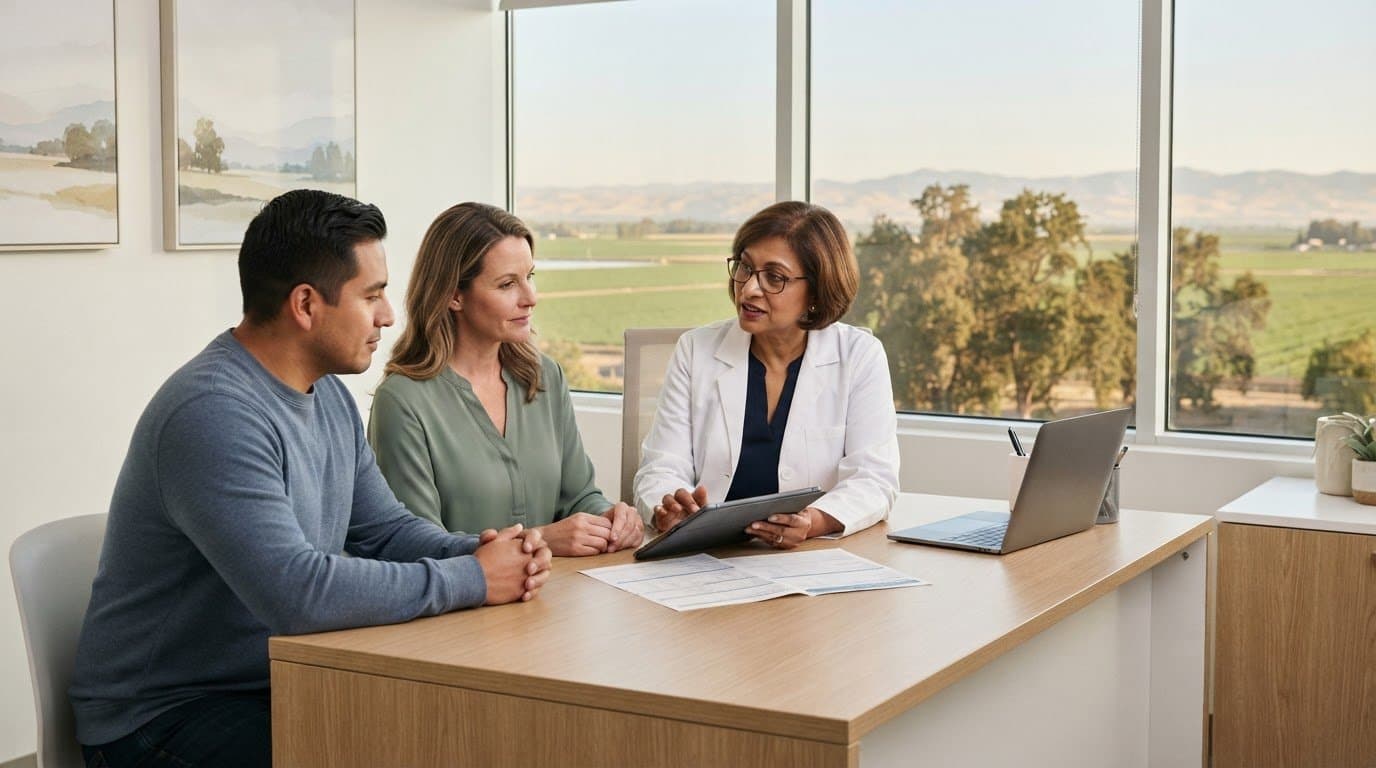 A practitioner in a white coat talks a couple through notes on a tablet at a desk, farmland through the window behind