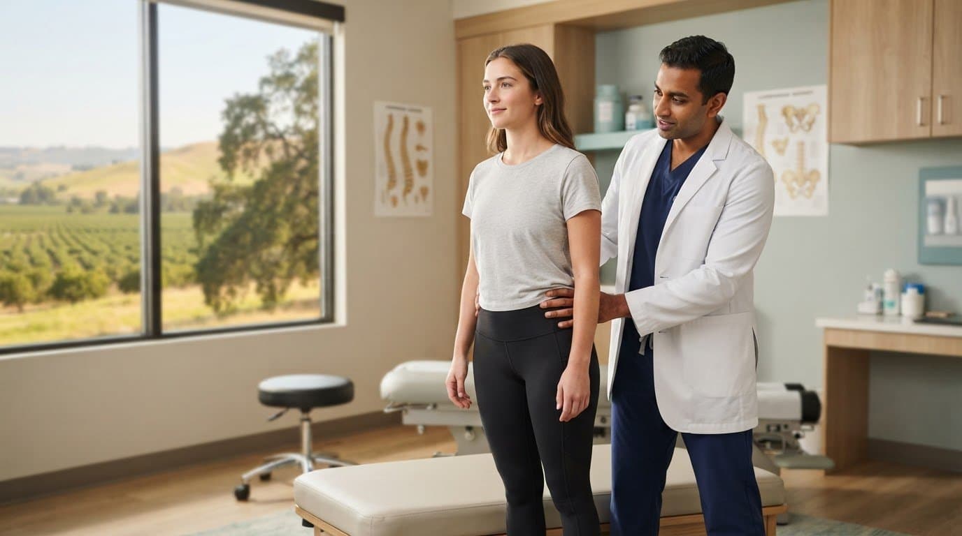 A practitioner checks a standing woman’s posture with his hands at her hips, spine charts on the wall behind them